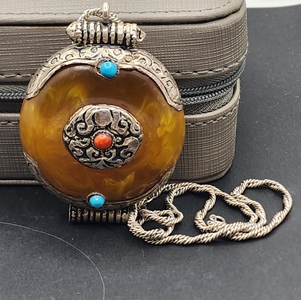Antique silver Tibetan Amber and Turquoise Necklace